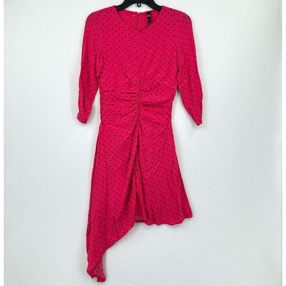 Zara Womens Fit & Flare Dress Size S Pink Black Polka Dot Asymmetrical Hem Zip